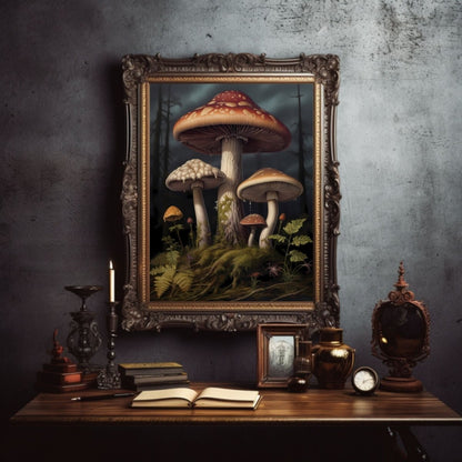 Mushrooms in Woodland Gothic Wall Art Paper Poster Prints Dark Academia Goblincore Vintage Botanical Decor Witchy Gothic Mushroom Poster - Everything Pixel