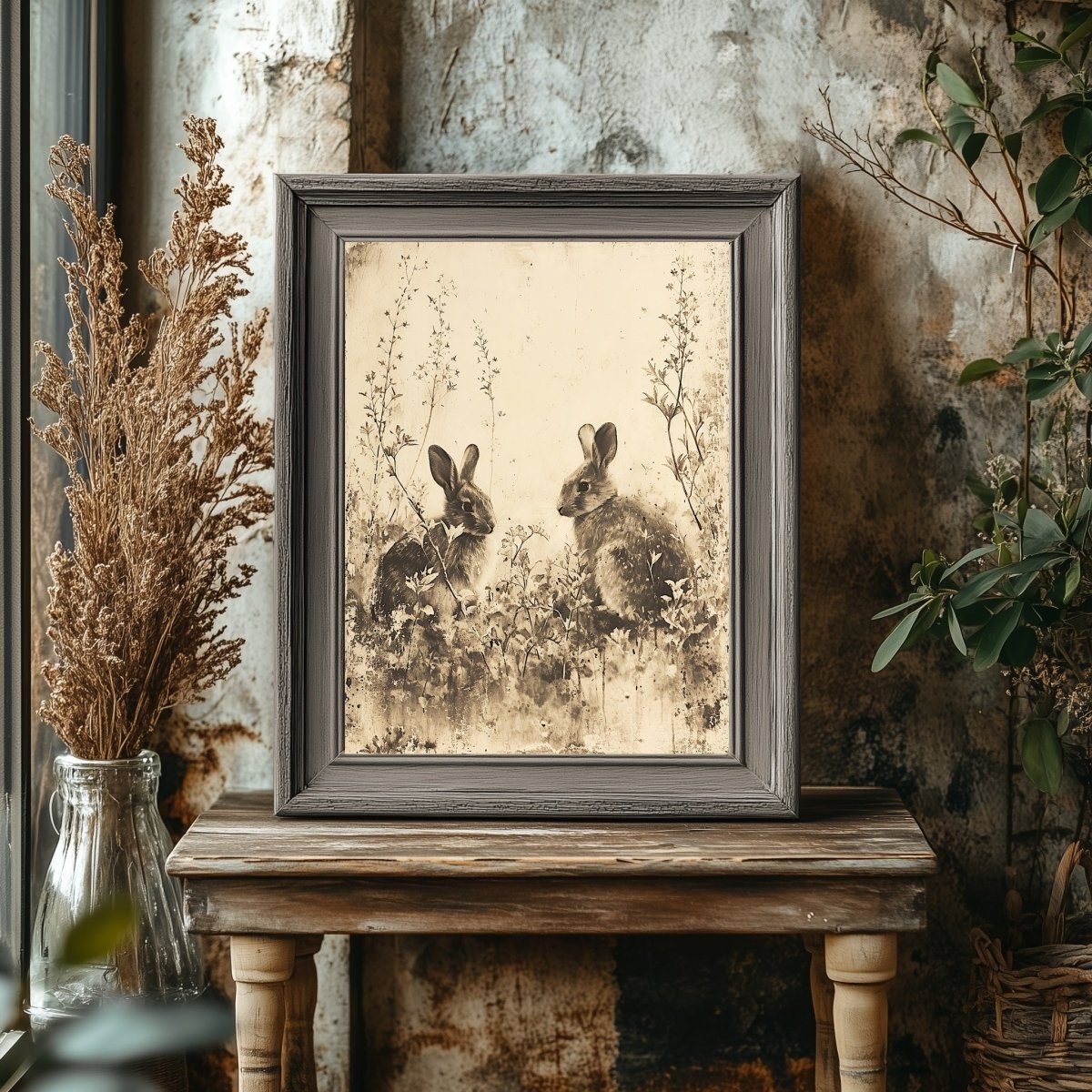 Muted Wildflower Meadow & Bunnies - Vintage Wall Art Print - Everything Pixel