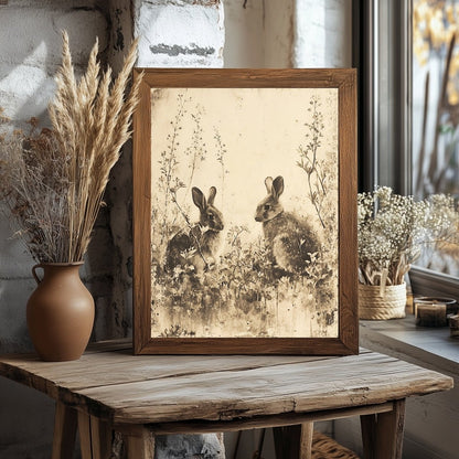 Muted Wildflower Meadow & Bunnies - Vintage Wall Art Print - Everything Pixel