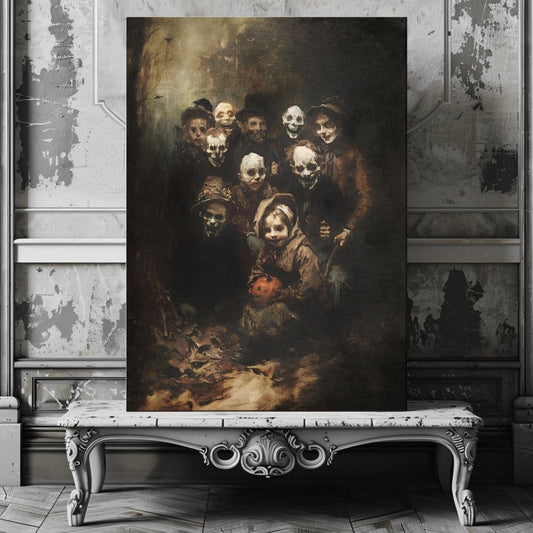 Mysterious Halloween Gathering Canvas Print - Macabre Decor, Spooky Vintage Art - Everything Pixel