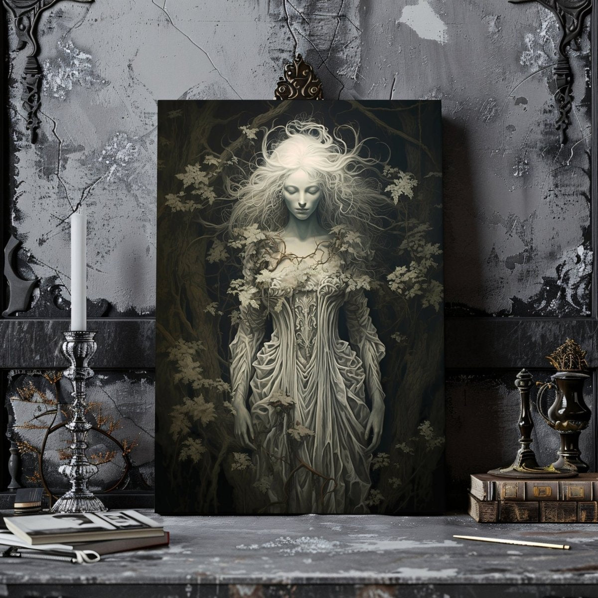 Mystical Enchantress Canvas Print – Ethereal Forest Spirit in Dark Fantasy Scene - Everything Pixel