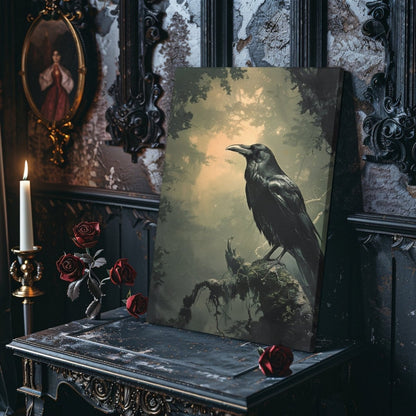 Mystical Raven Canvas Print - Dark Gothic Forest Art, Moody Woodland Decor, Edgar Allen Poe Inspired Artwork - Everything Pixel