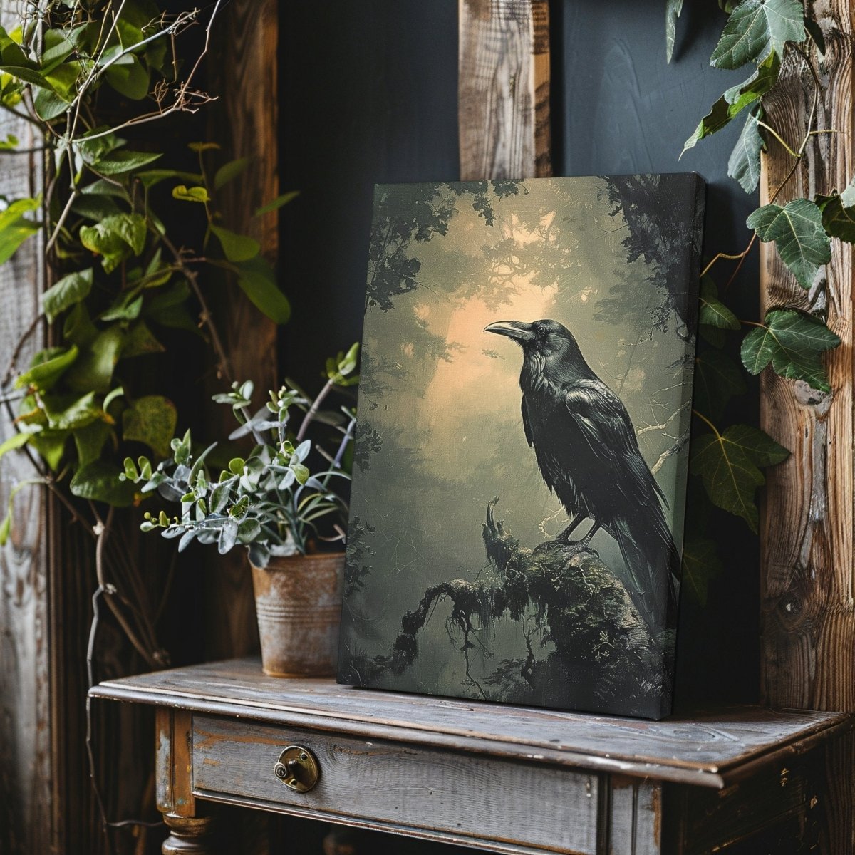 Mystical Raven Canvas Print - Dark Gothic Forest Art, Moody Woodland Decor, Edgar Allen Poe Inspired Artwork - Everything Pixel