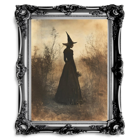 Mystical Witch Wall Art Print - Sepia Gothic with Herbs in Misty Landscape - Everything Pixel