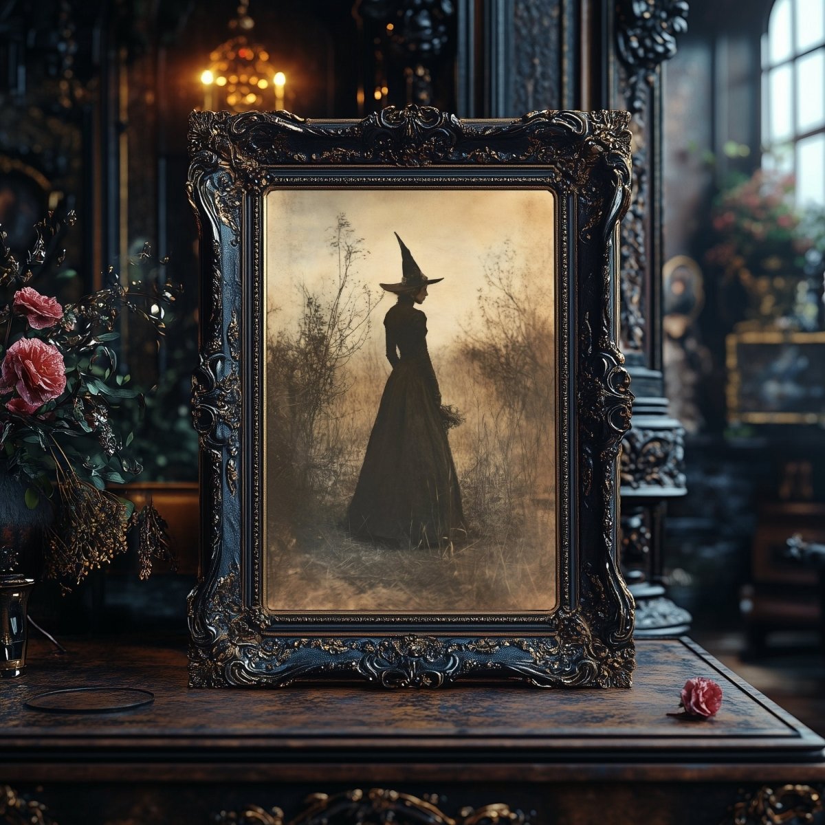 Mystical Witch Wall Art Print - Sepia Gothic with Herbs in Misty Landscape - Everything Pixel