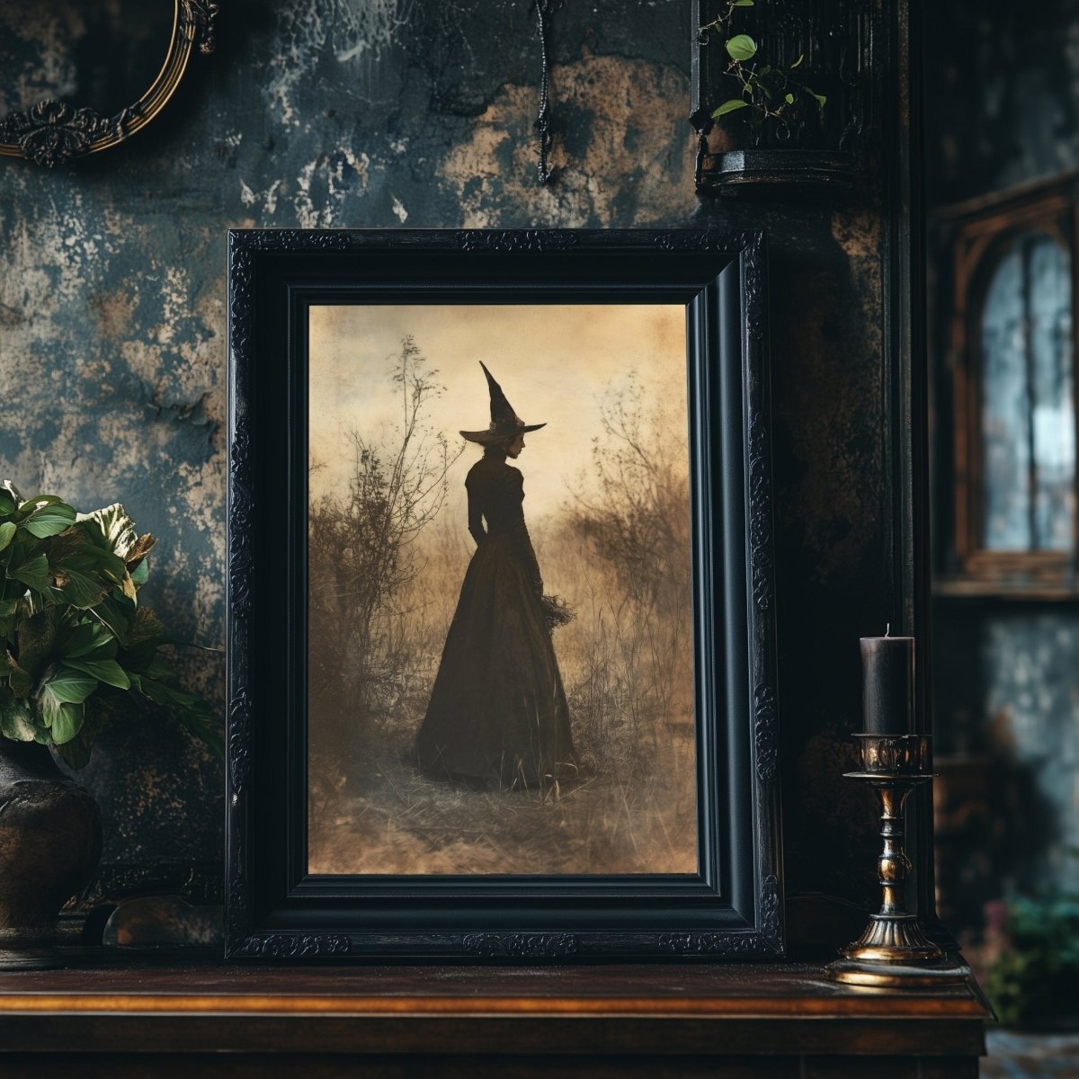 Mystical Witch Wall Art Print - Sepia Gothic with Herbs in Misty Landscape - Everything Pixel