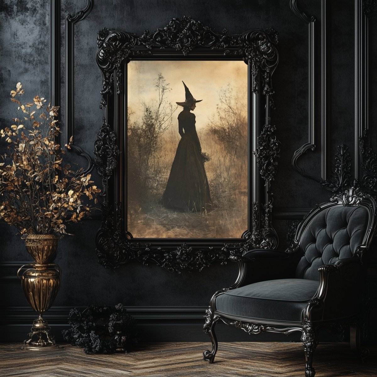 Mystical Witch Wall Art Print - Sepia Gothic with Herbs in Misty Landscape - Everything Pixel