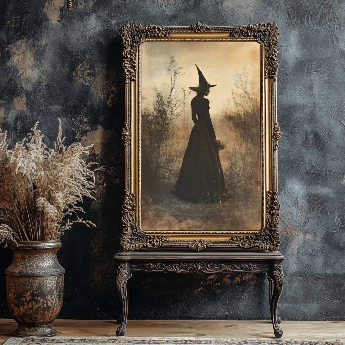 Mystical Witch Wall Art Print - Sepia Gothic with Herbs in Misty Landscape - Everything Pixel