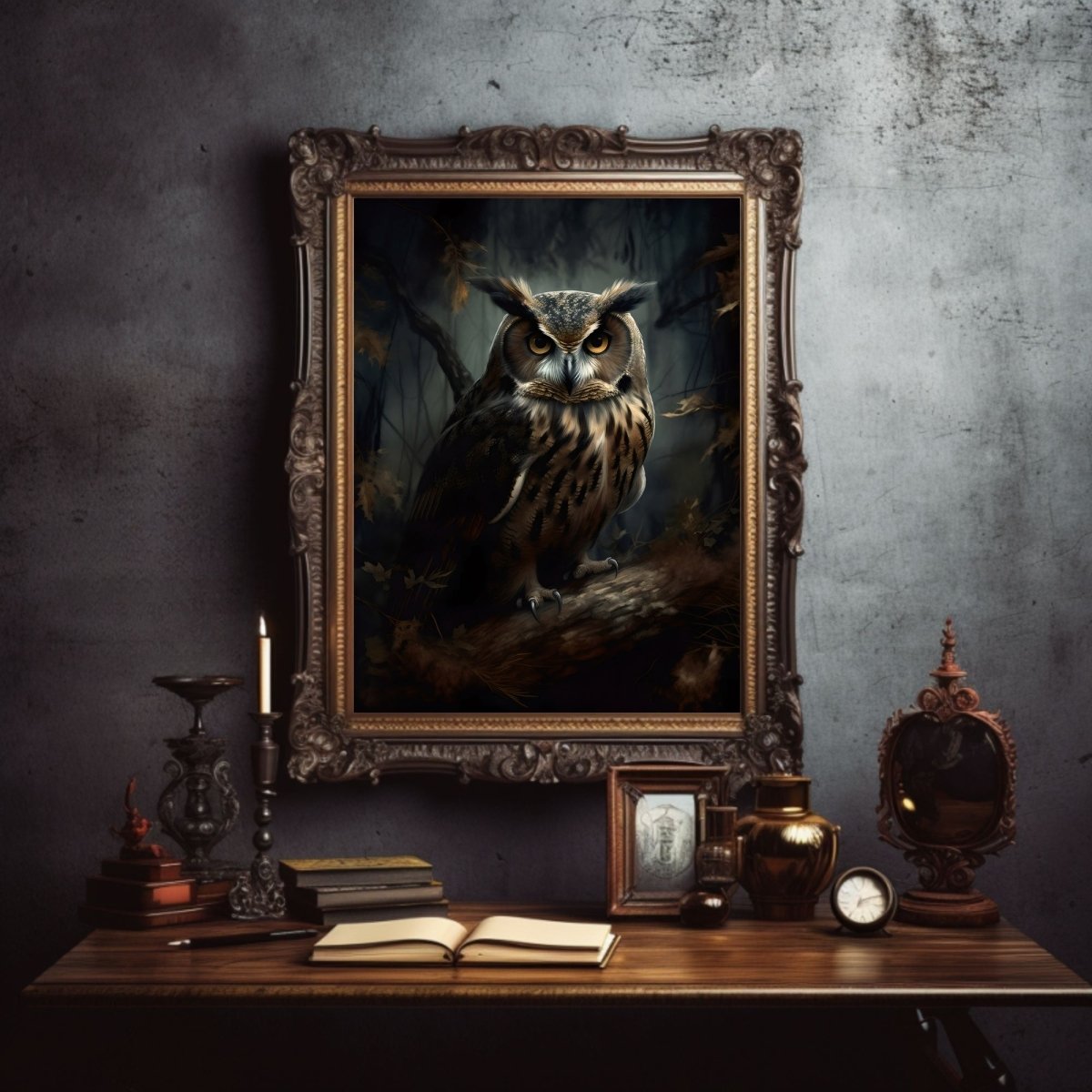 Owl in Dark Forest Wall Art Dark Academia, Goblincore, Victorian, Moody Antique Painting, Witchy Gothic Cottagecore Decor Paper Poster Prints - Everything Pixel