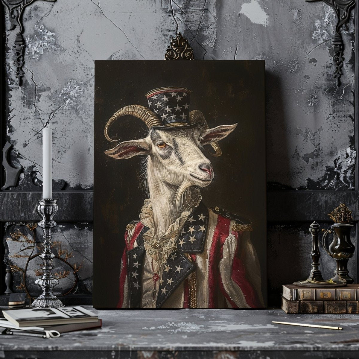 Patriotic Goat Portrait Canvas Print - Dark Quirky Gothic Animal Art - Everything Pixel