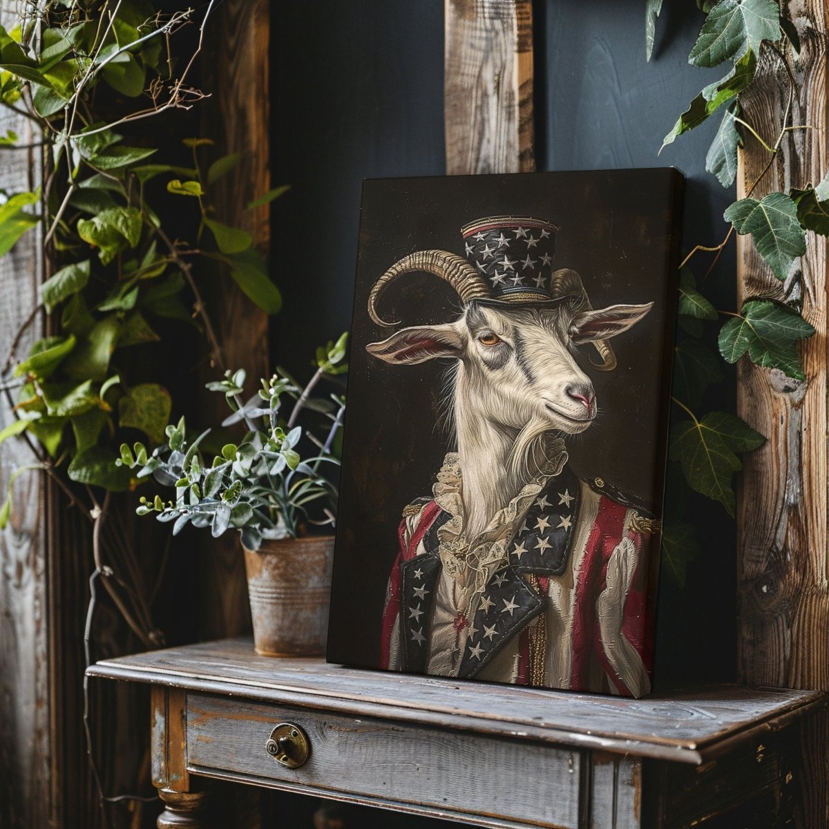 Patriotic Goat Portrait Canvas Print - Dark Quirky Gothic Animal Art - Everything Pixel