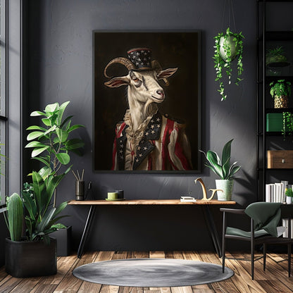 Patriotic Goat Portrait Wall Art Print - Quirky Dark Gothic Animal Art - Everything Pixel