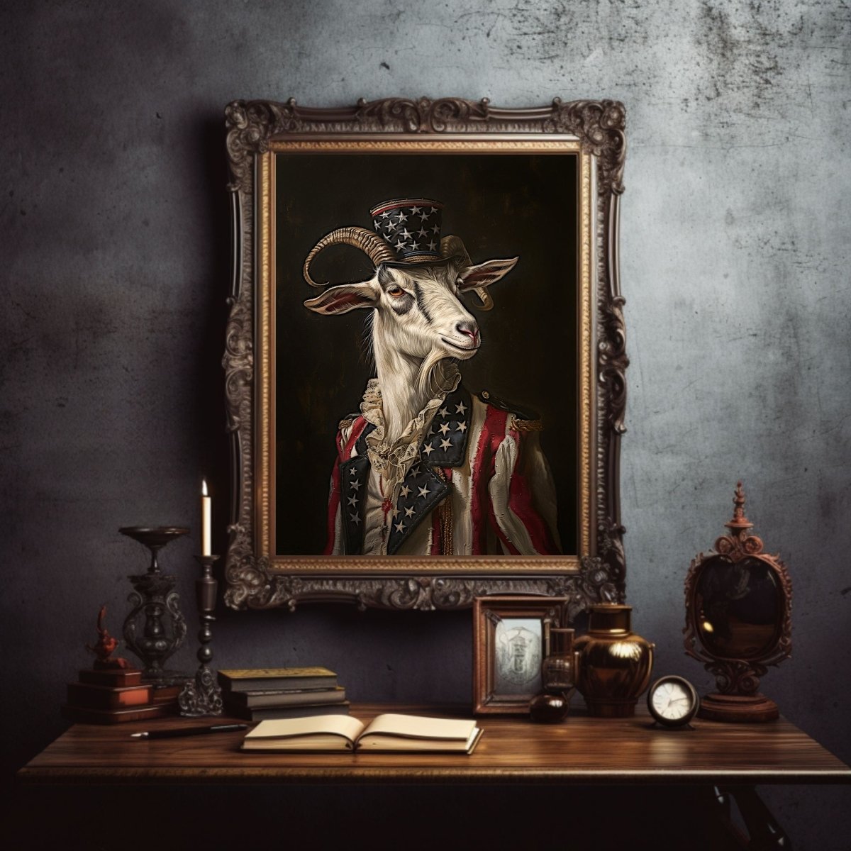 Patriotic Goat Portrait Wall Art Print - Quirky Dark Gothic Animal Art - Everything Pixel