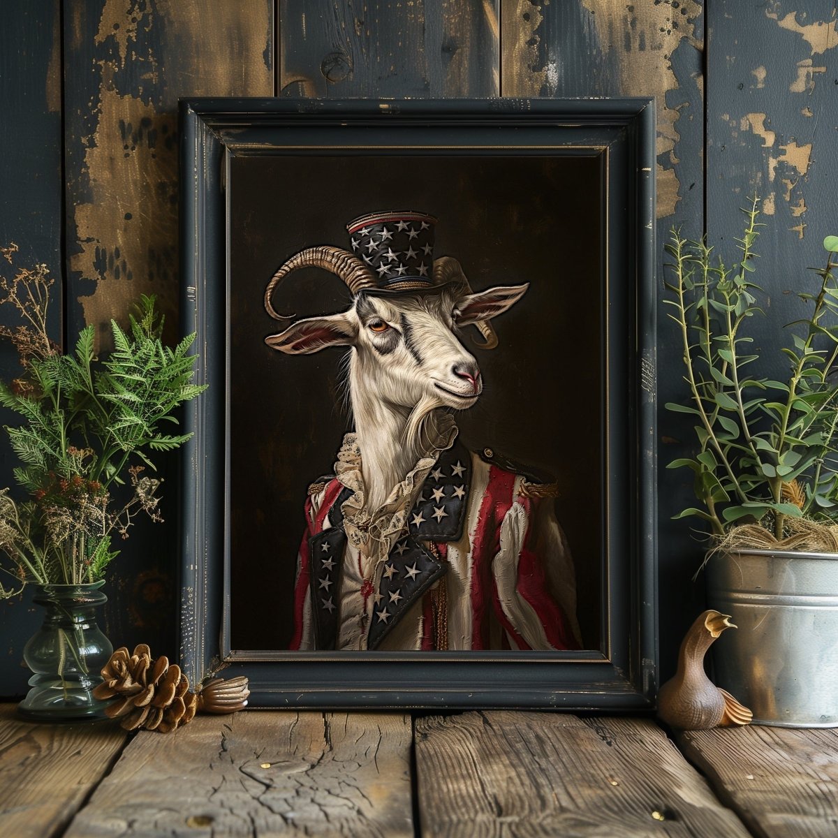 Patriotic Goat Portrait Wall Art Print - Quirky Dark Gothic Animal Art - Everything Pixel