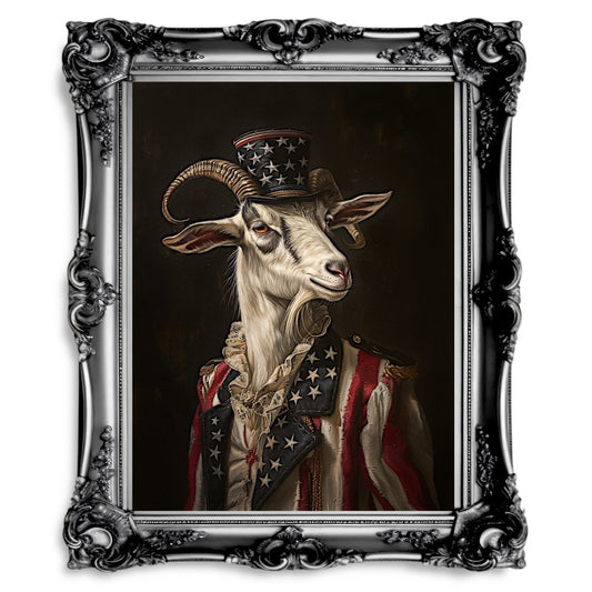 Patriotic Goat Portrait Wall Art Print - Quirky Dark Gothic Animal Art - Everything Pixel