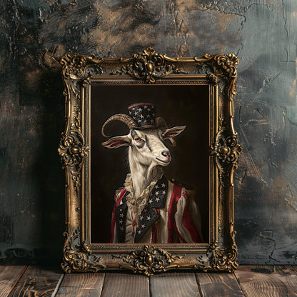 Patriotic Goat Portrait Wall Art Print - Quirky Dark Gothic Animal Art - Everything Pixel