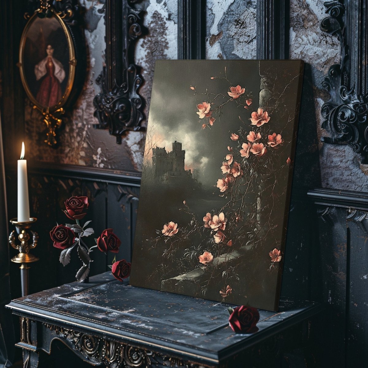 Pink Blossoms & Gothic Castle Canvas Print – Mystical Victorian Floral Landscape - Everything Pixel