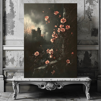 Pink Blossoms & Gothic Castle Canvas Print – Mystical Victorian Floral Landscape - Everything Pixel