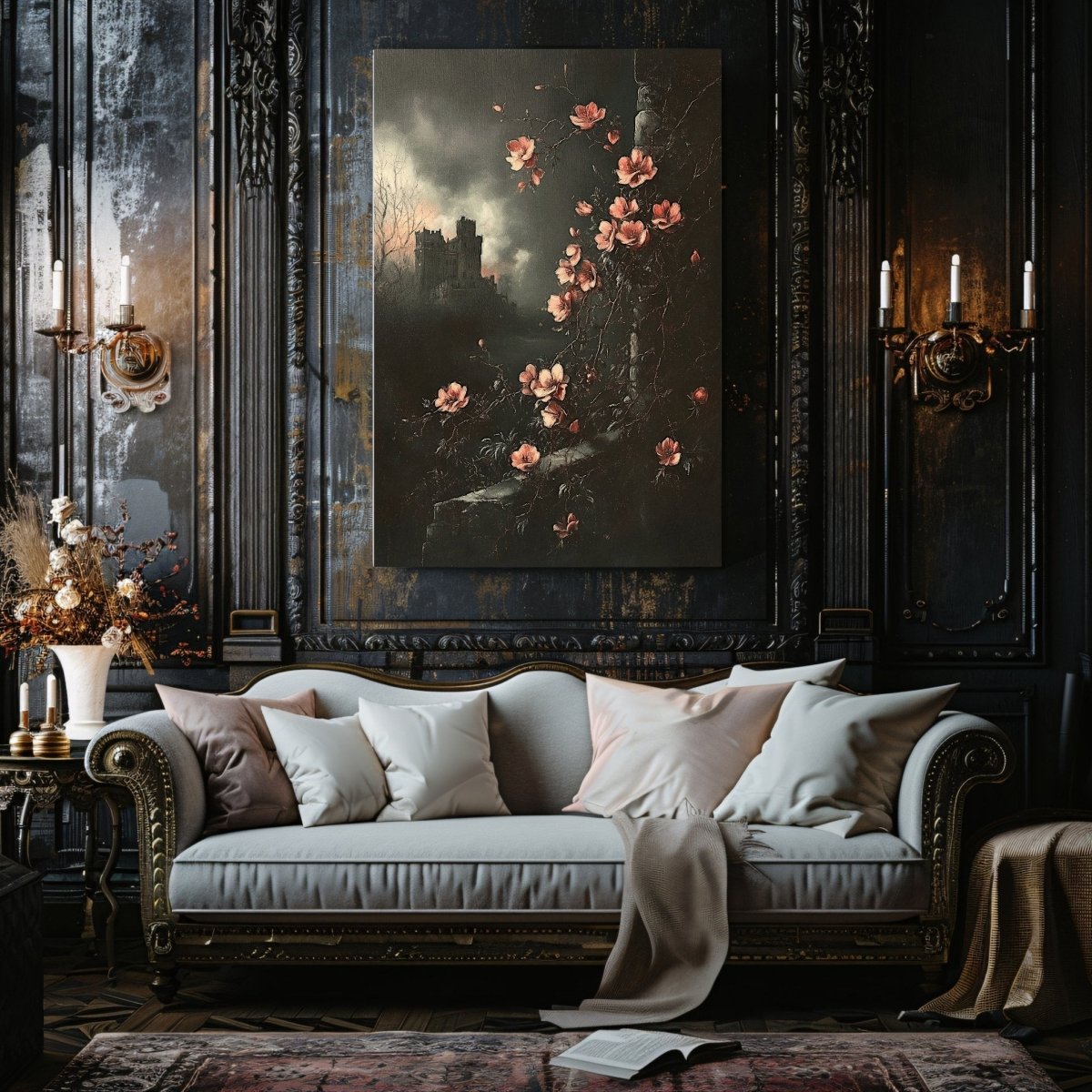 Pink Blossoms & Gothic Castle Canvas Print – Mystical Victorian Floral Landscape - Everything Pixel