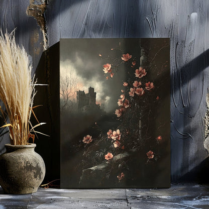 Pink Blossoms & Gothic Castle Canvas Print – Mystical Victorian Floral Landscape - Everything Pixel