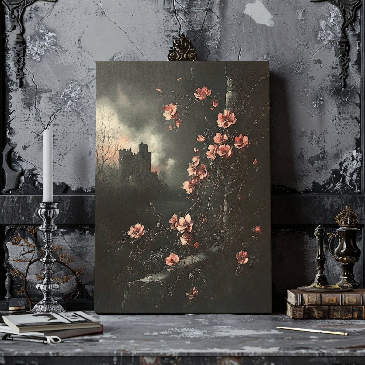 Pink Blossoms & Gothic Castle Canvas Print – Mystical Victorian Floral Landscape - Everything Pixel