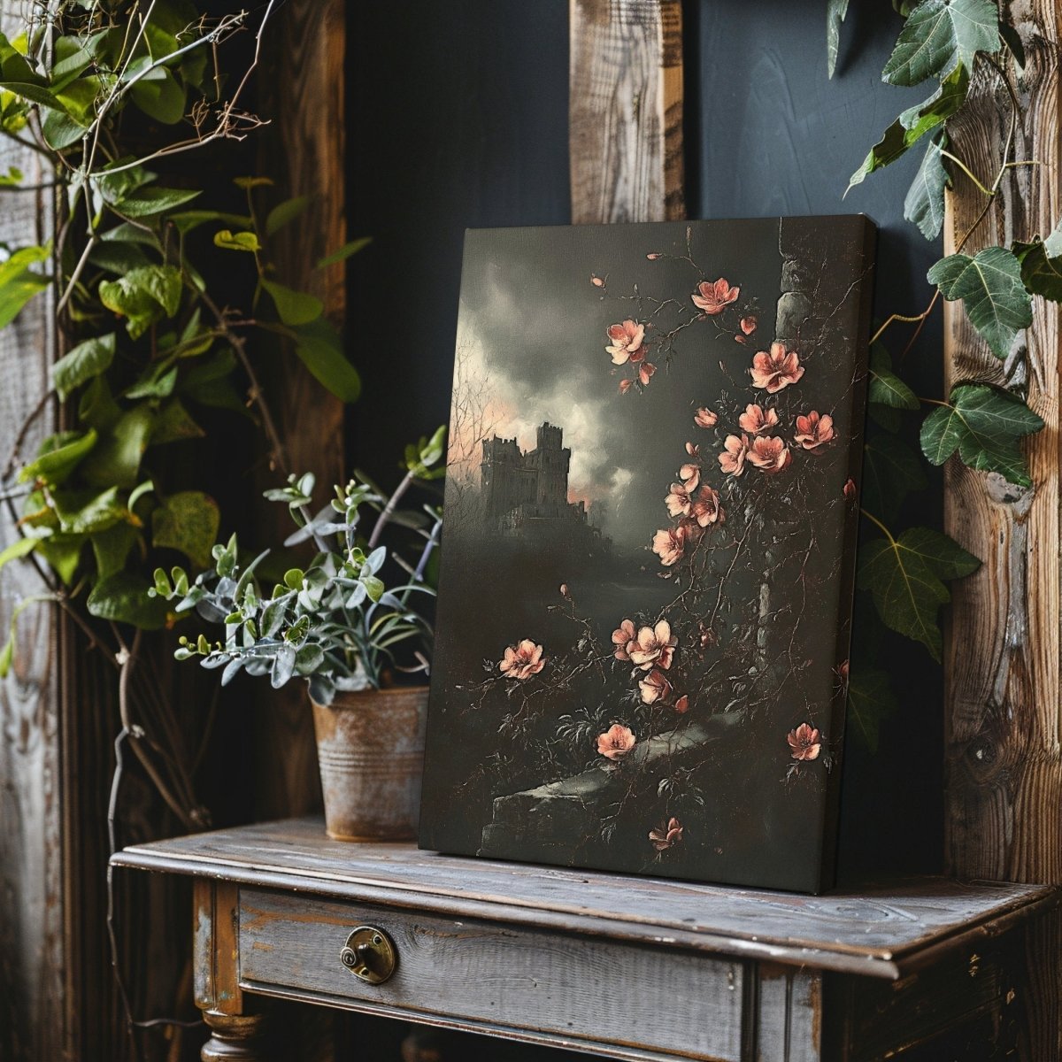 Pink Blossoms & Gothic Castle Canvas Print – Mystical Victorian Floral Landscape - Everything Pixel