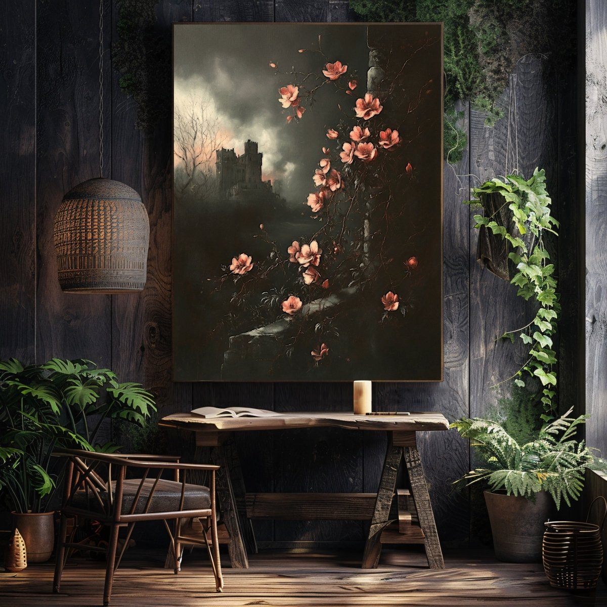 Pink Blossoms & Gothic Castle Wall Art Print – Moody Victorian Floral Landscape Artwork - Everything Pixel