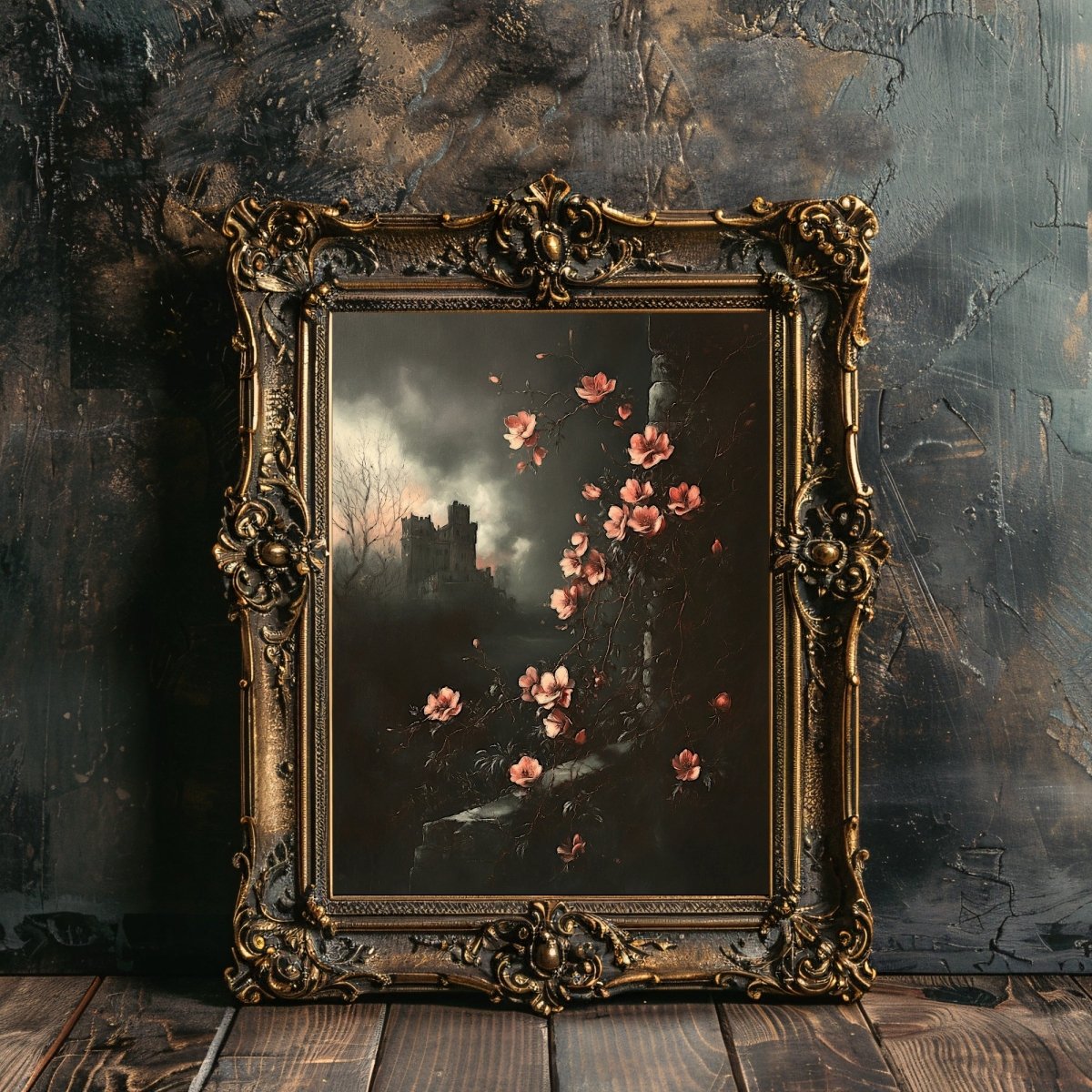 Pink Blossoms & Gothic Castle Wall Art Print – Moody Victorian Floral Landscape Artwork - Everything Pixel