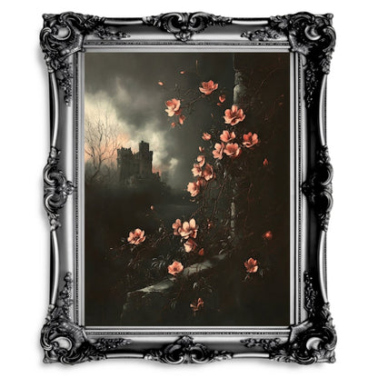 Pink Blossoms & Gothic Castle Wall Art Print – Moody Victorian Floral Landscape Artwork - Everything Pixel