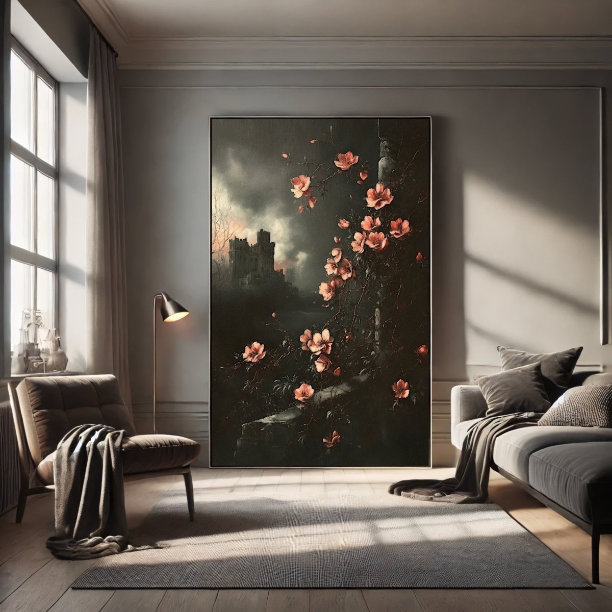 Pink Blossoms & Gothic Castle Wall Art Print – Moody Victorian Floral Landscape Artwork - Everything Pixel