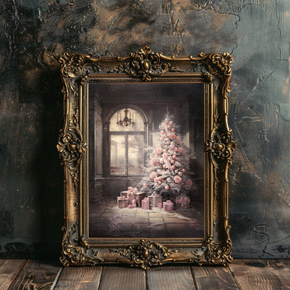 Pink Gothic Christmas Tree Wall Art Abandoned Mansion Christmas Painting Dark Cottagecore Artwork Gothic Christmas Haunted Art Paper Poster Print - Everything Pixel