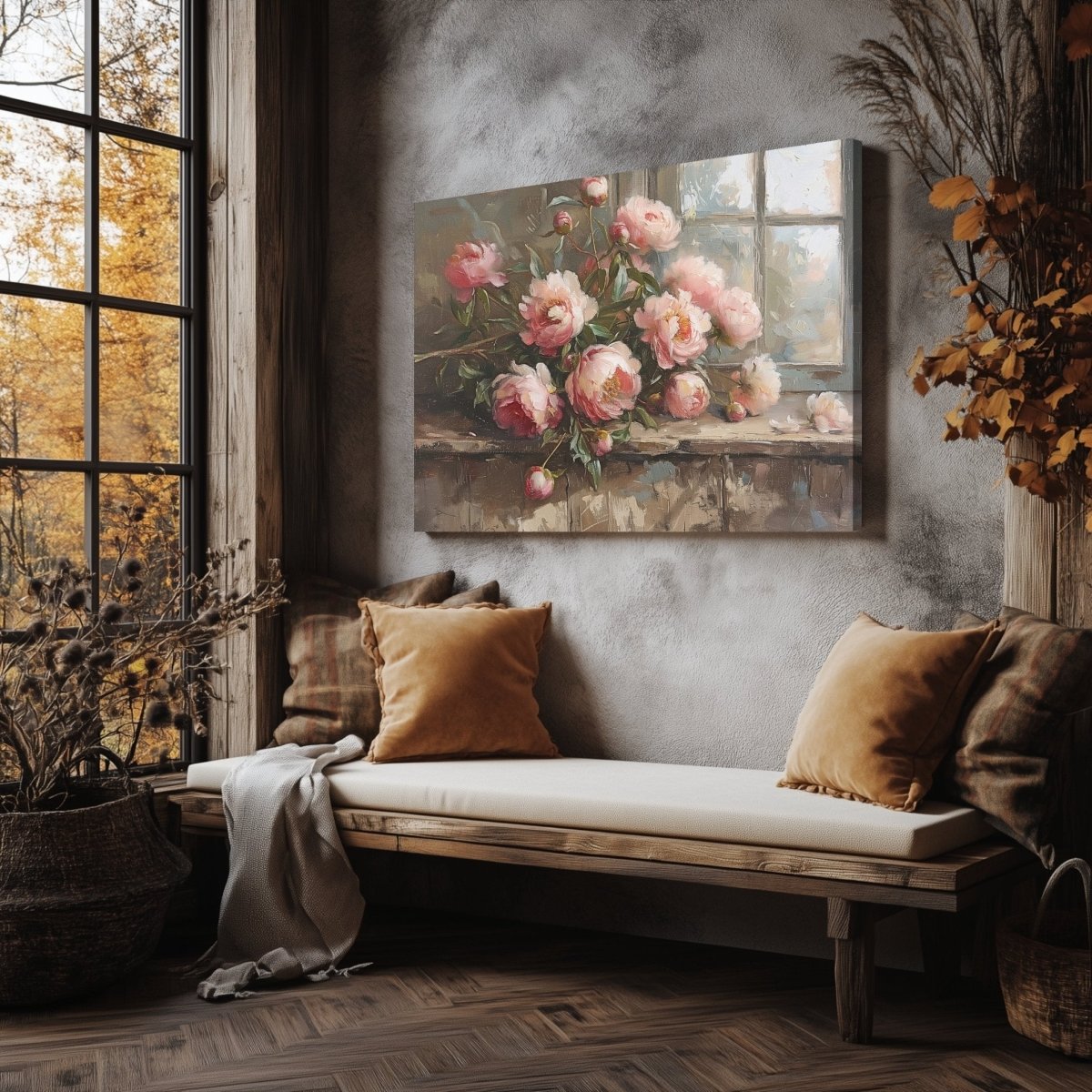 Pink Peonies Canvas Print - Rustic Floral Still Life for Cottagecore, Shabby Chic Wall Decor - Everything Pixel