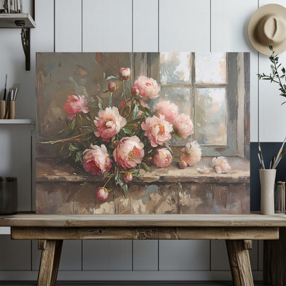 Pink Peonies Canvas Print - Rustic Floral Still Life for Cottagecore, Shabby Chic Wall Decor - Everything Pixel
