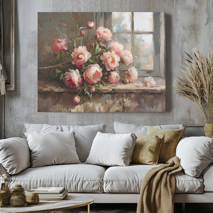 Pink Peonies Canvas Print - Rustic Floral Still Life for Cottagecore, Shabby Chic Wall Decor - Everything Pixel