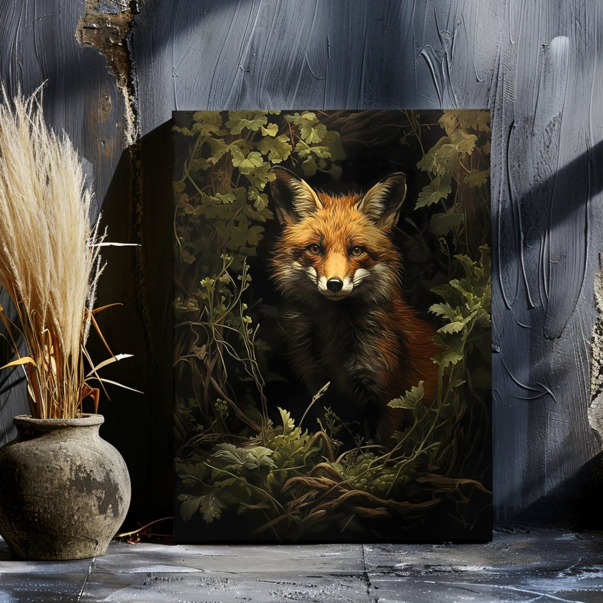 Portrait of a Red Fox in Moody Green Woodland - Gothic Wall Art Canvas Print - Everything Pixel