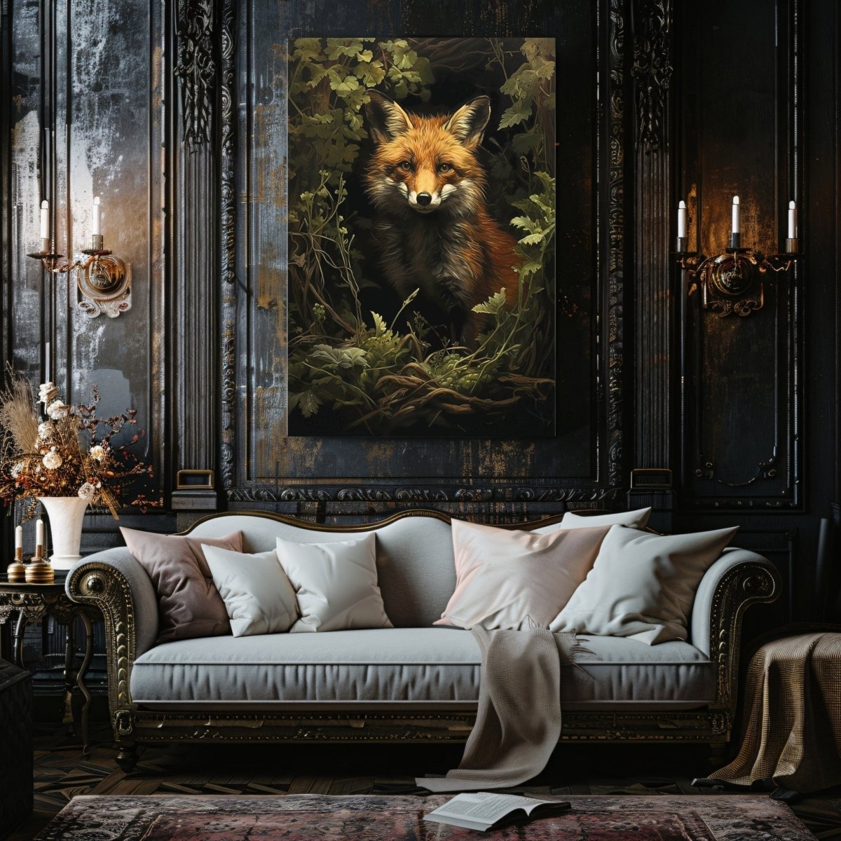 Portrait of a Red Fox in Moody Green Woodland - Gothic Wall Art Canvas Print - Everything Pixel