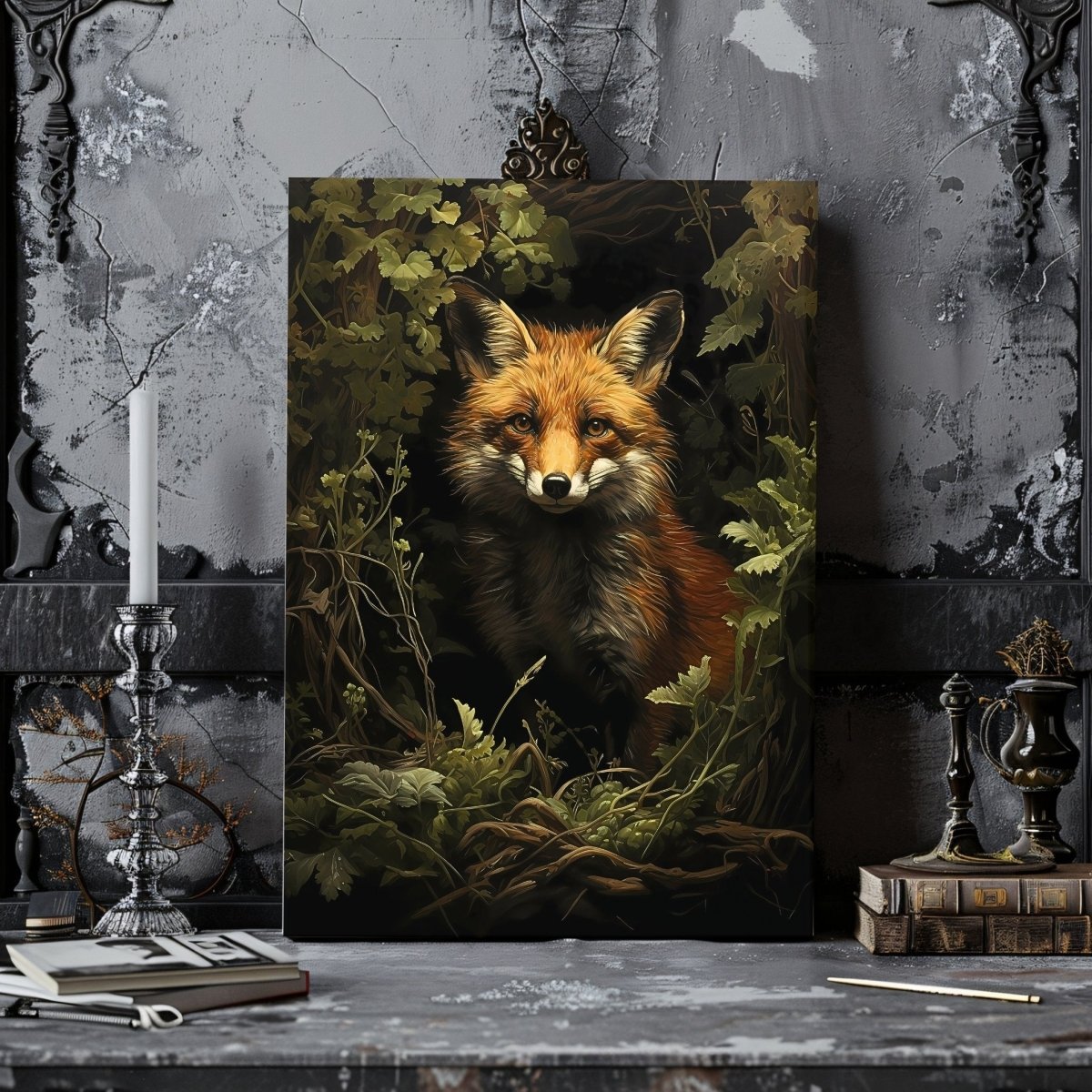 Portrait of a Red Fox in Moody Green Woodland - Gothic Wall Art Canvas Print - Everything Pixel