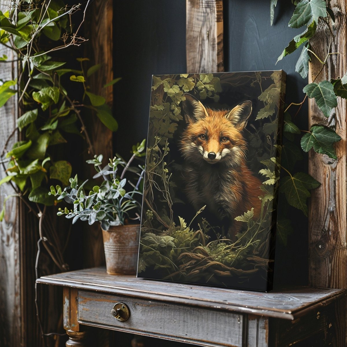 Portrait of a Red Fox in Moody Green Woodland - Gothic Wall Art Canvas Print - Everything Pixel