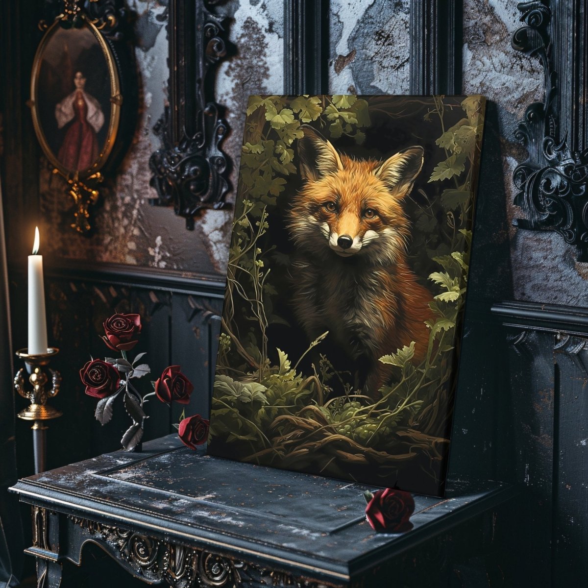 Portrait of a Red Fox in Moody Green Woodland - Gothic Wall Art Canvas Print - Everything Pixel