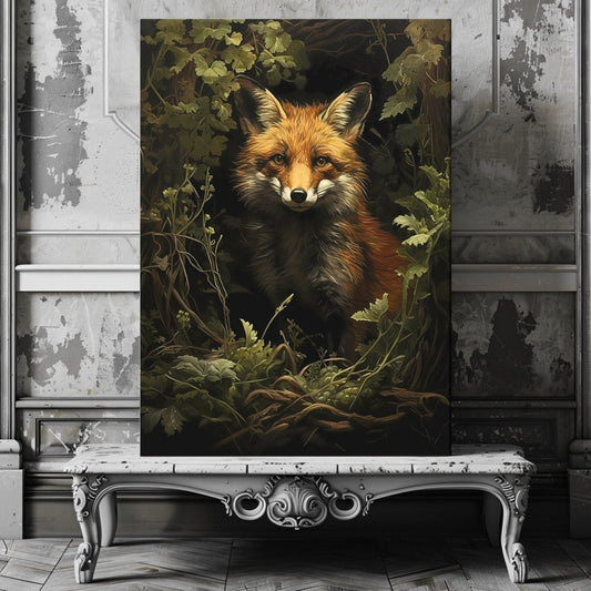 Portrait of a Red Fox in Moody Green Woodland - Gothic Wall Art Canvas Print - Everything Pixel