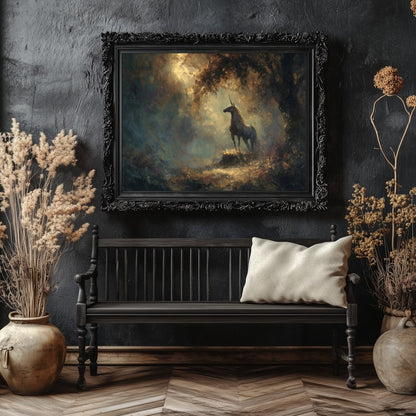 Radiant Golden Unicorn Wall Art Print – Enchanted Forest Fantasy Décor for Magical Storybook Spaces - Everything Pixel