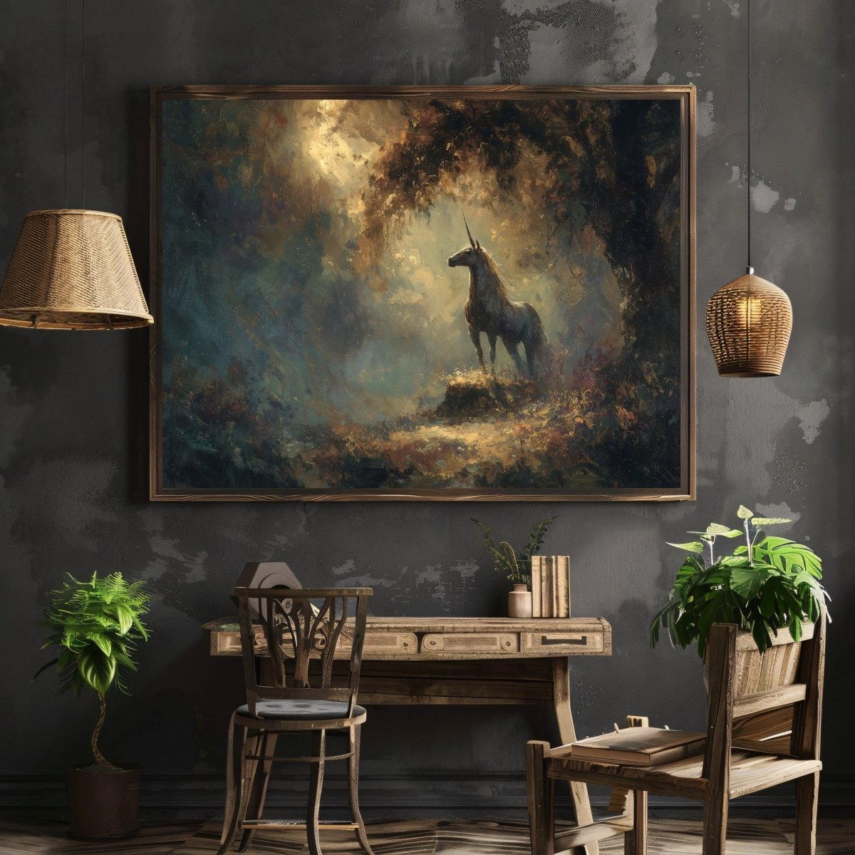 Radiant Golden Unicorn Wall Art Print – Enchanted Forest Fantasy Décor for Magical Storybook Spaces - Everything Pixel
