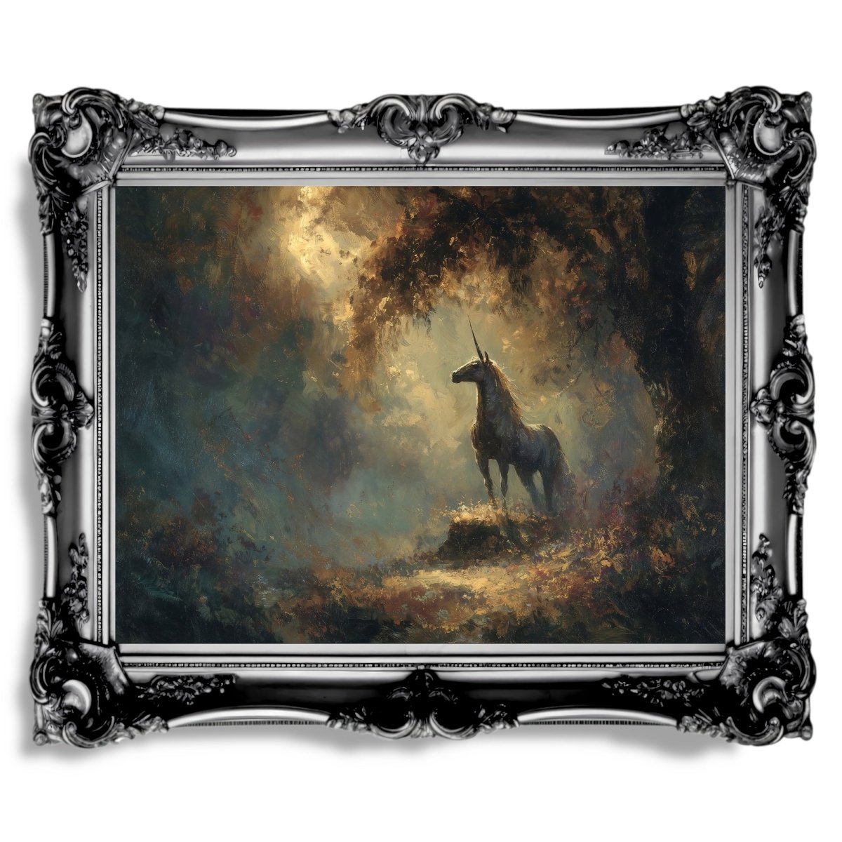 Radiant Golden Unicorn Wall Art Print – Enchanted Forest Fantasy Décor for Magical Storybook Spaces - Everything Pixel
