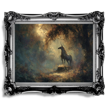Radiant Golden Unicorn Wall Art Print – Enchanted Forest Fantasy Décor for Magical Storybook Spaces - Everything Pixel
