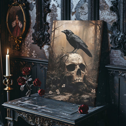 Raven and Skull Canvas Print – Gothic Occult Art in a Mystical Forest - Everything Pixel