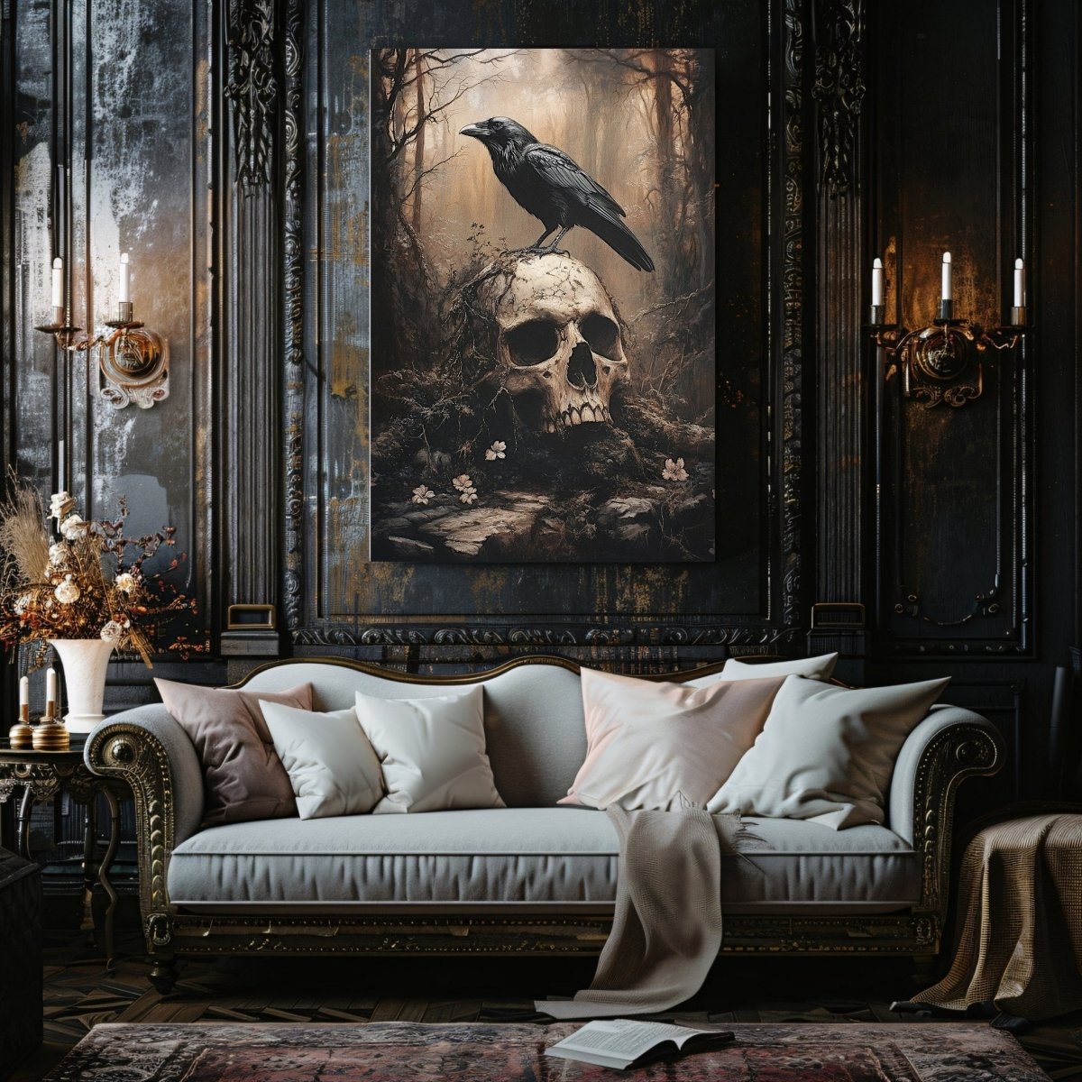 Raven and Skull Canvas Print – Gothic Occult Art in a Mystical Forest - Everything Pixel