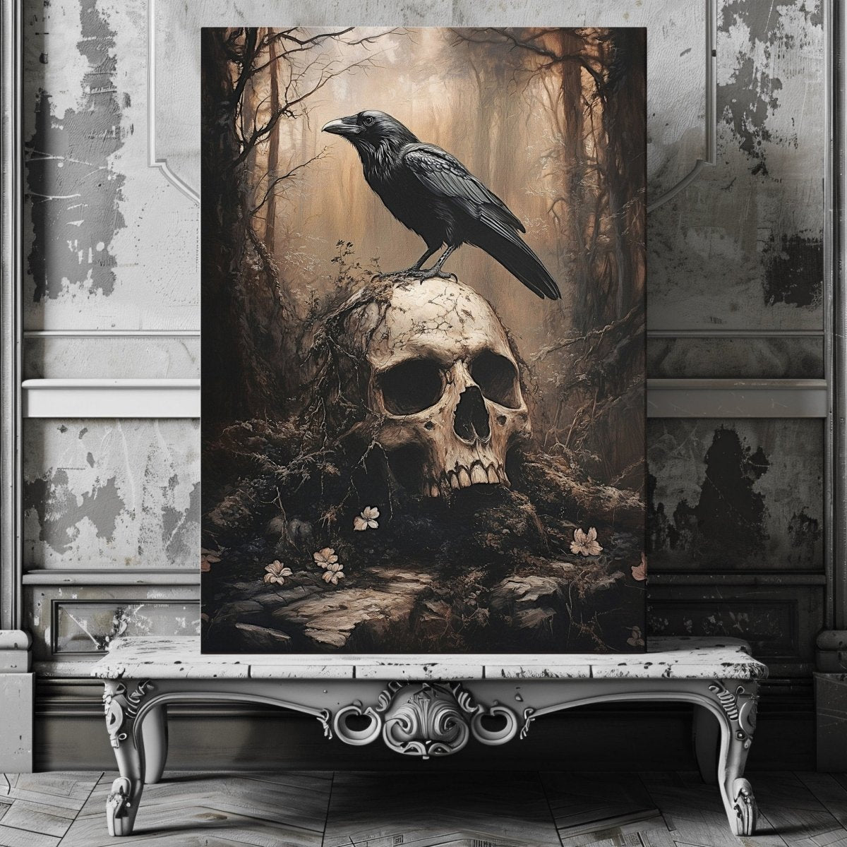 Raven and Skull Canvas Print – Gothic Occult Art in a Mystical Forest - Everything Pixel