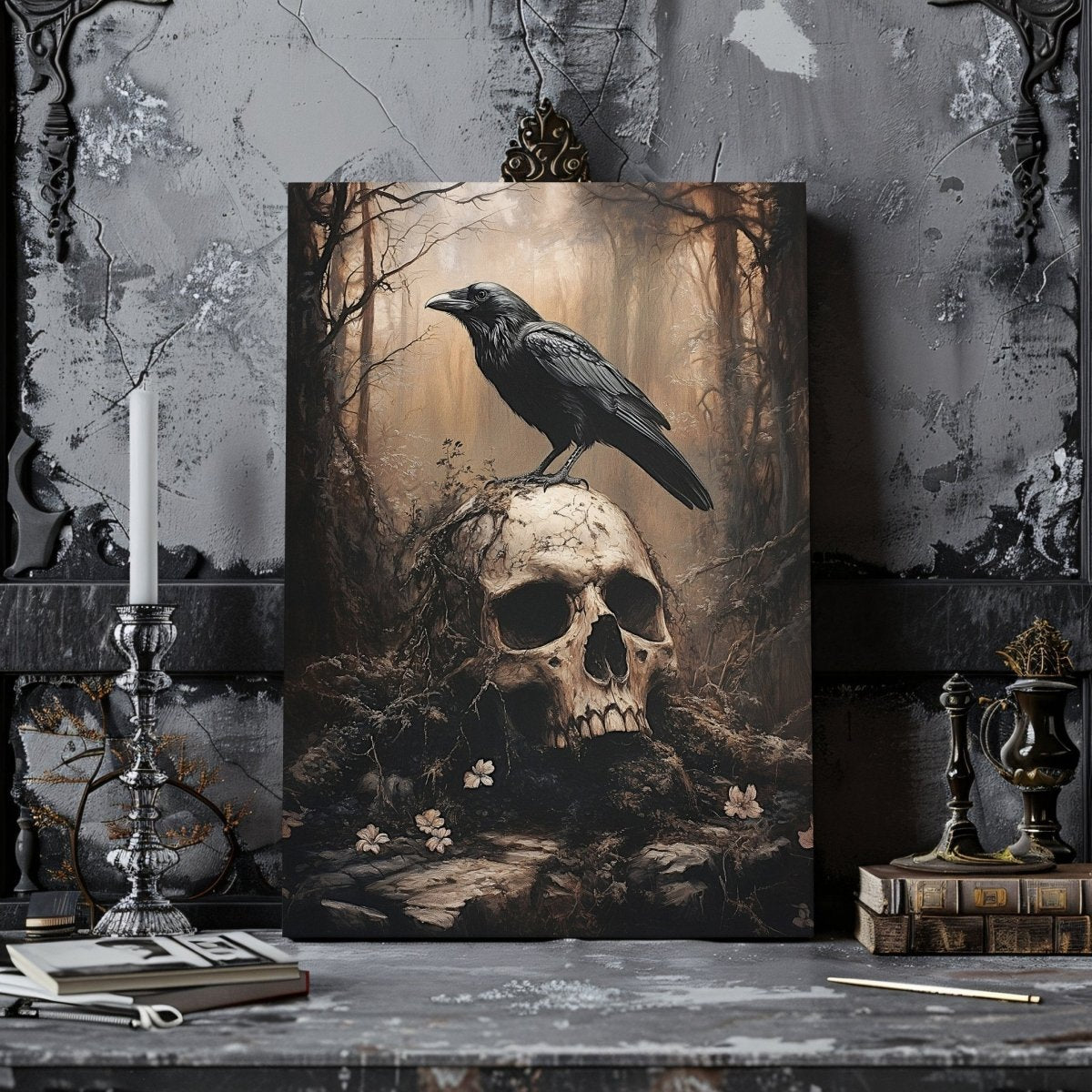 Raven and Skull Canvas Print – Gothic Occult Art in a Mystical Forest - Everything Pixel