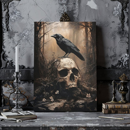 Raven and Skull Canvas Print – Gothic Occult Art in a Mystical Forest - Everything Pixel