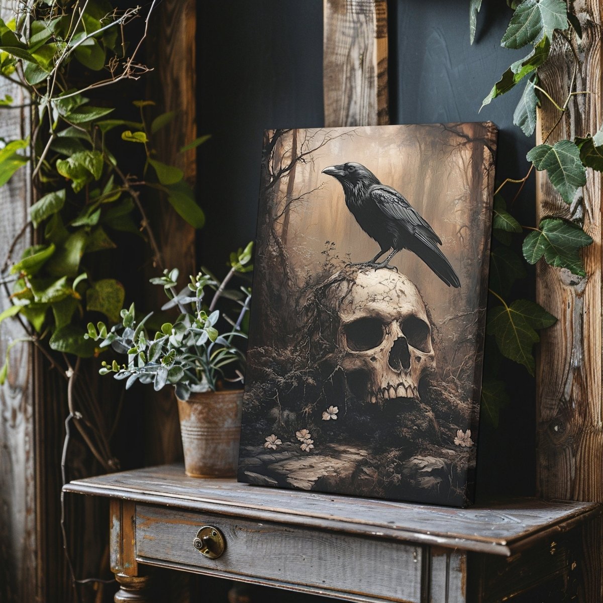 Raven and Skull Canvas Print – Gothic Occult Art in a Mystical Forest - Everything Pixel